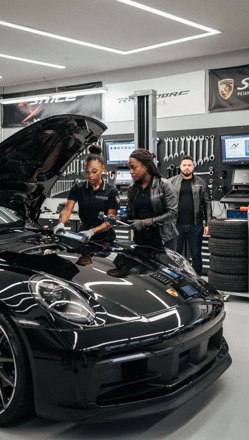 Technician calibrating advanced electronic systems on a high-end European vehicle in a Los Angeles Bloom service center